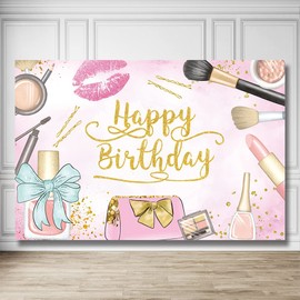 Rarcoirs Makeup Birthday Party Backdrop Pink Beauty Make Up Spa Background for Girls Birthday Decorations Women Glamour Cosmetics Bday Photo Shoot Banner 71X47inch