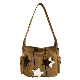 KlaOYer Cute Messenger Bag Canvas Shoulder Bag Star Crossbody Purse Y2K Tote Bag Kawaii Aesthetic Hobo Handbag for Women (Coffee)