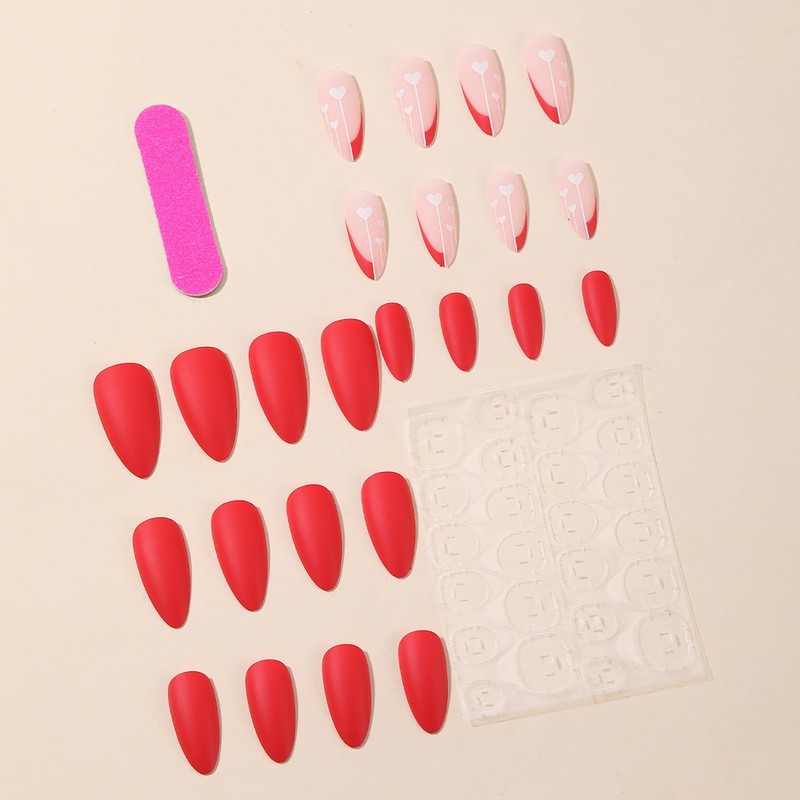 Red French Tip Press on Nails with Heart Artificial Valentine's