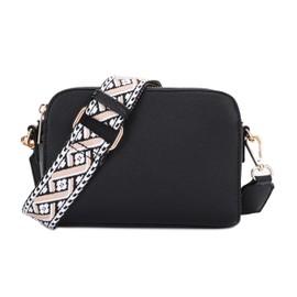 EVVE - Bolso cruzado para mujer, con triple cierre, pequeño y correa ancha para guitarra, Negro (correa de correa), Small