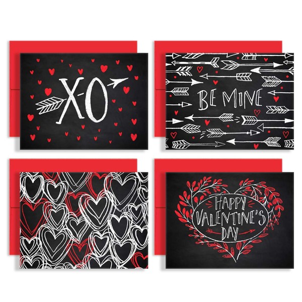 Chalk Art Love Notes - Set of 8 Premium Valentine's Day Note Cards with Red Envelopes - 4 Unique Valentines Designs (Great for Adults!) - Made in the USA By Palmer Street Press