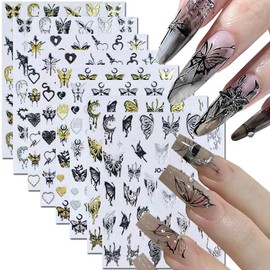 8 Sheets Butterfly Metal Nail Stickers 3D Butterfly Bronzing Self-Adhesive Nail Decal Gold Black Silver Gothic Fluidity Butterflies Stars Nail Charming Manicure Decals for Woman DIY Nail Art Decoratio