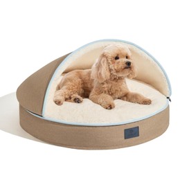 Veehoo Dog Cat Cave Bed with Hooded Cover, Removable Washable Round Beds with Removable Hood, Cozy Cave Burrow Dog Bed with Anti-Slip Bottom for Small Medium Dog Cat Pet, Khaki 20"