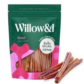 Willow&I Bully Sticks for Medium Dogs & Small Dogs - 6 Inch Bully Sticks for Dogs (25 Pack), Premium 100% Grass Fed Beef Pizzle Sticks for Dogs, All Natural Dog Bully Sticks Healthy Dog Chew Treats