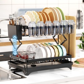 SH-RuiDu Dish Drying Rack, 2-Tier Collapsible Dish Rack Multifunctional Dish Drainer with Drainboard, Drainage, Glass Cup Holder, Utensil Holder Rust-Proof Dish Organizer for Kitchen Countertop ﻿