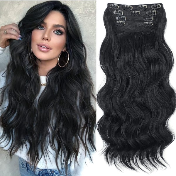 PORSMEER Clip-In Extensions, Black Hair Extensions, Natural Hair, Long Wavy