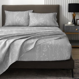 HYPREST Floral Bed Sheets, 18 Inch Deep Pocket Queen Sheets Ligh Grey Patterned Sheets Soft Luxury Cooling 1800 Thread Count