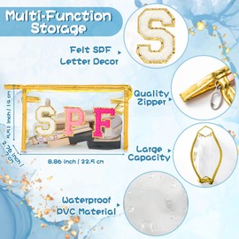 AsodSway Preppy Patch Cosmetic Bag - Summer SPF Varsity Letter Clear Toiletry Bag Golden Aesthetic Waterproof Portable Makeup Bag Transparent PVC Zipper Clutch Purse Travel Beach Bag for Women Girls