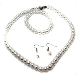 Caprilite White Classic Faux Pearl Necklace Earrings & Bracelet Jewellery Set Vintage