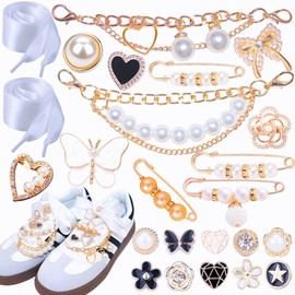 Rozecollin Shoes Charms for Sneakers,Pearl Shoe Lace Charms,Junk Socks Pins,Shoe Chains,Ribbon Shoe Laces/Bows/Clips,Stylish Decoration for Women Girls Clothes,Hats Party Favors