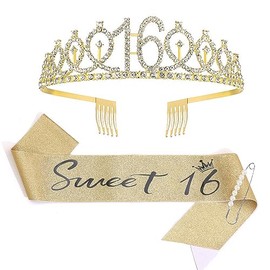DRESHOW 16th Birthday Crown and Sash for Women 16th Birthday Girls Sash & Rhinestone Tiara Set Birthday Decorations Hair Accessories Glitter Sash for Party