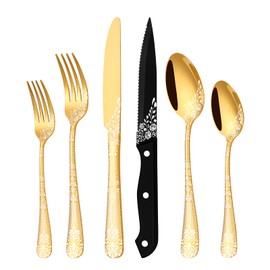 EUIRIO 72-Piece Gold Silverware Set with Steak Knives,Gold Flatware Set for 12,Stainless Steel Tableware Cutlery Set,Kitchen Utensils Spoon and Fork Set with Floral Laser,Dishwasher Safe