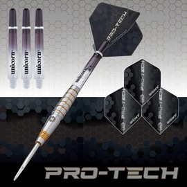 Unicorn Steel Tip Darts Set | Pro-Tech Style 2 | 90% Natural Tungsten Barrels with Golden Accents & Volute Points | 23 g
