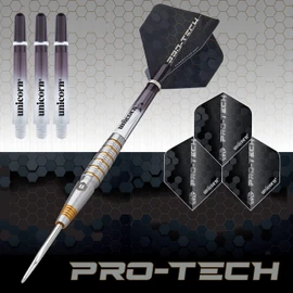 Unicorn Steel Tip Darts Set | Pro-Tech Style 2 | 90% Natural Tungsten Barrels with Golden Accents & Volute Points | 23 g
