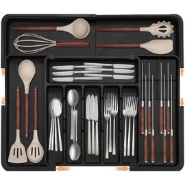 JESWO Organizador de Cubiertos para Cajon con Portaherramientas, Extensible Porta Cubiertos de Cocina, 9 Divisores Separador de Cubiertos Antideslizante para Cucharas Tenedores Cuchillos(Negro)