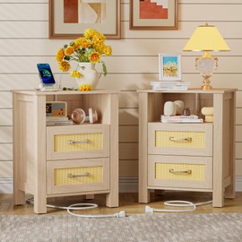 YESHOMY Rattan Nightstand, Farmhouse Night Stand with 2 Drawers and Storage Shelf - Boho Bedside Table End Side Table for Bedroom, Natural Oak