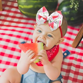Lanmerry 3 Pcs Baby Girl Headbands Summer Outfits 4.5’’ Fruit Hair Bows Watermelon Hair Accessories for Newborn Infant Toddler Girls Clothes