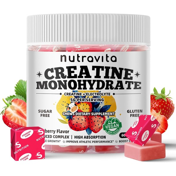 Creatine Monohydrate Chews 5g | Pre-Workout Strawberry Electrolyte Gummies for