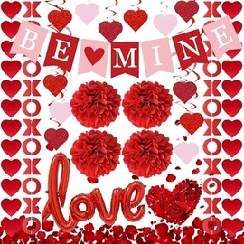 Red Valentine's Day Decoration Set, BE MINE Banner, Love Heart XO Garlands, Rose Petals, Hanging Swirls, Foil Love Balloons For Party Home Classroom Wedding Bedroom Office