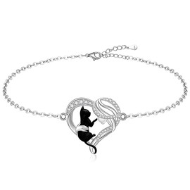 Black Cat Anklet Heart Cat Ankle Bracelets for Women 925 Sterling Silver Cat Anklets for Cats Lover Gifts
