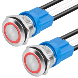 KWONONG LED Latching Push Button Switch, Stainless Steel, IP67 Waterproof 5-24V 20A 1NO, with Wire Socket Plug (2, Red, 16mm)
