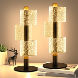 NUÜR Modern Table Lamp Set of 2, Black Nightstand Lamp with Stepless Dimming, Shimmer Cylinder Design, Bedside Light for Bedroom, Living Room, Dorm, Office (LED Table Lamp Set of 2)