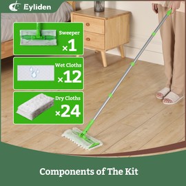 Eyliden Eyliden Sweeper Mop, Wet & Dry Mops for Floor Multi Surface Cleaning, Disposable Dust Mop Starter Kit, 36 Refills - 12 Wet Mopping Cloths, 12 Heavy-Duty Pet Hair Sweeper Pads, 12 Dry Sweeping Cloths
