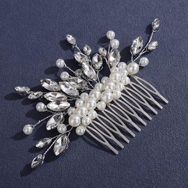 Wekicici Silver Wedding Pearl Hair Comb Bridal Crystal Headpiece for Bride Rhinestone Pearl Beads Hair Side Comb Elegant Hair Jewelry for Women