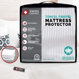 Swiss Comforts 100% Waterproof Mattress Protector Twin Size - Tencel Mattress Cover | Naturally Cooling, Breathable & Noiseless | Soft Fitted Bed Sheet (Tencel, Twin 39"x75")