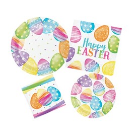 Party Creations Happy Easter Party Supplies Tableware Bundle | Watercolor Easter Eggs Disposable Dinner & Dessert Plates and Luncheon & Beverage Napkins for 16 Guests (64 Total Pieces)