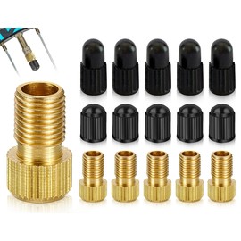 KAPSING Bicycle Valve Adapter Set, 5 Brass Valve Adapters and 10 Black Valve Caps, Valve Adapter for Bicycles, E-Bikes and E-Scooter