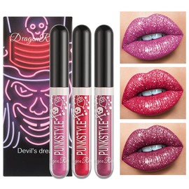 Glitter Lip Gloss Set, 3Pcs Glitter Lipsticks Diamond Shimmer Metallic Liquid Lipstick Set, Sparkle Sparkly Glossy Liquid Lipstick Lip Gloss Set for Women Lips Make up (Set C)