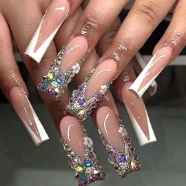 24pcs Flower Press on Nails Long Square Fake Nails White Glitter with Gradient designs French Tip Acrylic Nails Glossy Glue on Nails Floral Rhinestone Artificial Nails False Nails for Women Holiday