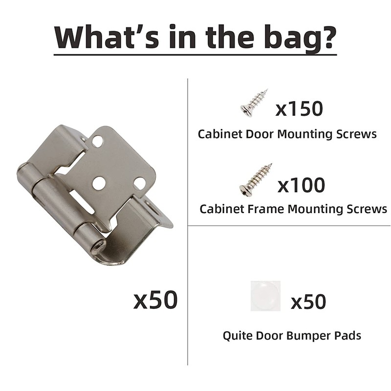 Decobasics 50 Pack 1/2" Overlay Brushed Nickel Cabinet Hinges for