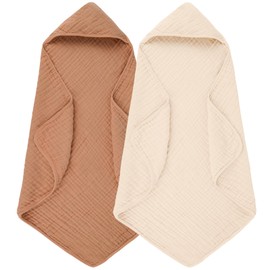 MIGIOL Hooded Baby Bath Towels 100% Muslin Cotton Baby Bath Towel for Infant, Toddler and Kids,Soft and Absorbent Newborn Essential，Large 32x32Inch 2 Pieces Coffee & Beige