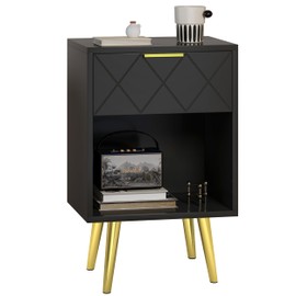 Black Nightstand, Bedside Table with Storage Drawer and Open Wood Shelf, Side Table with Gold Legs, Modern Style Night Stand End Table Drawer Dresser for Living Room Bedroom MLBZ19B