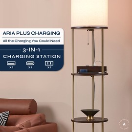 ATAMIN Tall Floor Lamp with Shelves and Charging Station – USB-C, USB, and Wireless Charging Shelf Lamp for Living Room or Bedroom 72-inch Modern Standing Lamp with Compact Storage