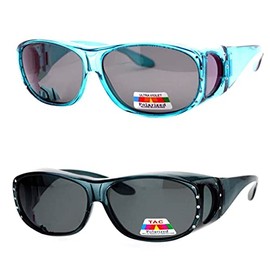 Pink Ribbon Shades, Inc. 2 Pair Womens Rhinestone Anti Glare Polarized Fit Over Reading Glasses Sunglasses Oval Rectangular (2 Pair Gray/Teal)