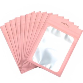 Ozchillon 100 Pieces Resealable Mylar Bags With Zipper Lock and Clear Window - Foil Pouch for Food Self Sealing Storage, Jewellery Parts Supplies (Pink, 7.5x12cm)