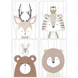 Pandawal Forest Animals Decorative Children's Room Picture Set of 4 Posters Baby Room Wall Decoration Grey Neutral DIN A4