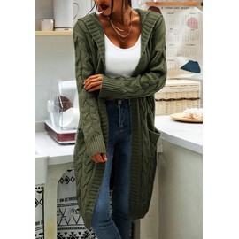 GeGekoko Women's Cardigan with Hood and Pockets, Casual, Long-Sleeved Chunky Knit Cardigan with Open Front, for Autumn, Winter, Army Green