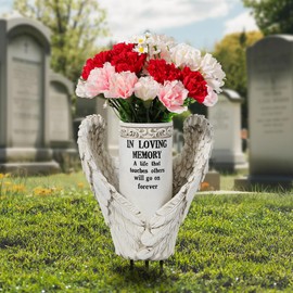 Lewondr Cemetery Vase for Grave, Angel Wing Grave Flowers Holder with Ground Spike, Garden Stake for Tomb Headstone Grave Decoration, Sympathy Gifts for Loss of Loved One, White