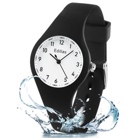 Edillas Kids Watch Analog for Girls Boys,50M Waterproof Children Quartz Watch for Kids,Students with Soft Silicone Strap,Easy to Read Learn time Watch Presents (Black)