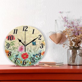 ALAZA Dragonfly Butterfly Tulip Flower Wall Clock Battery Operated Clock Silent 9.5 Inch Non Ticking Wall Clocks for Bedroom Living Room Decorative
