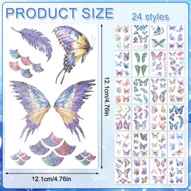24 Sheets Glitter Butterfly Tattoos, Waterproof Butterfly Temporary Tattoo Sticker Eye Arm Face Body Makeup Temporary Tattoos for Women Girls Party Favors Festival Makeup