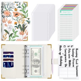 Hnogri Budget Binder with Zipper Envelopes, A6 Money Saving Binder Cash Envelopes for Budgeting, PU Leather Budget Planner Money Organiser for Cash Bills, Floral Budget Wallet for Women
