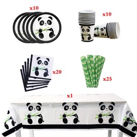 66 Pcs Panda Disposable Tableware Set Panda Party Supplies with Panda Plates Cups Napkins Straws Tablecloth for Kids Baby Shower Birthday Decorations