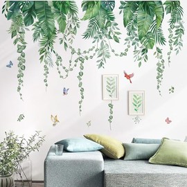wondever Green Tropical Leaves Wall Stickers Hanging Vines Palm Leaf Plants Peel and Stick Wall Art Decals for Bedroom Living Room Sofa