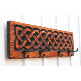 Celtic Knot Coat Hanger - Carved in a 30.5"x8" Solid Wood Board Key Holder Entryway Organizer Towel Rack Leash Mask Holder Rustic Modern