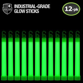 Swiss Safe Premium 6" Glow Sticks - Extra Bright, 12+ Hour Duration, Emergency Ready (Green 12-Pack)